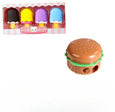 KALRA MAGIC 4 Pcs Ice-Cream Shape Erasers + 1 Burger Sharpener | Cute & Fun Stationery Set Eraser(Set of 1, Multicolor2) KALRA MAGIC 4 Pcs Ice-Cream Shape Erasers + 1 Burger Sharpener | Cute & Fun Stationery Set Eraser(Set of 1, Multicolor2)