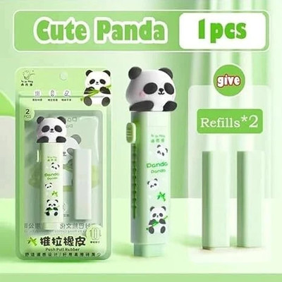 Tech Fuel Push Pop Panda Candy Dispenser, Stationery Set with Pen and Eraser, Green Non-Toxic Eraser(Set of 1, Multicolor)