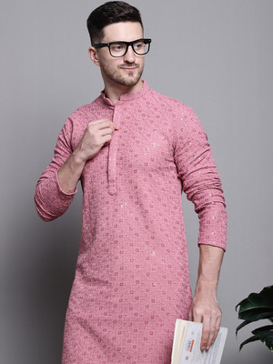 Jompers Men Embroidered Straight Kurta(Pink)