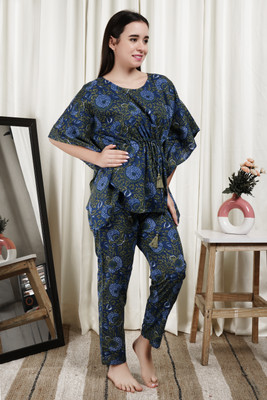 ISHKRATI Women Printed Dark Blue Night Suit Set