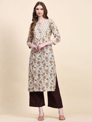 Muskan Collection Women Floral Print Straight Kurta(Silver)