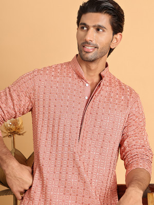 ANOUK Men Embroidered Straight Kurta(Orange)