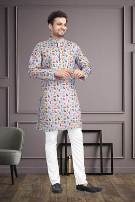 MENTIFIC Men Printed Straight Kurta(Beige)