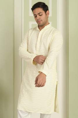 LEMONX Men Embellished, Embroidered Straight Kurta(White)