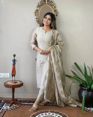 Blue Zircon Self Design Kurta, Trouser/Pant & Dupatta Set