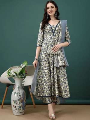 Lamba Creations Floral Print Anarkali Kurta, Bottom & Dupatta Set
