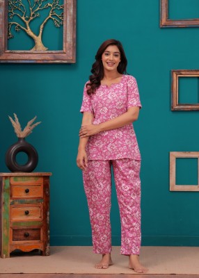 RIBAKLI Women Printed Pink Night Suit Set