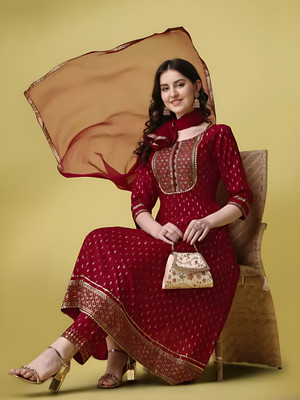 QUEENSFAB Embroidered Anarkali Kurta, Bottom & Dupatta Set