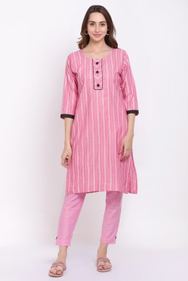 TRUE KC Women Striped A-line Kurta(Pink)