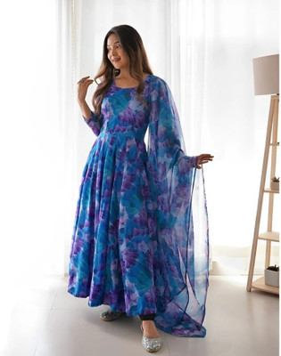 JS CREATIVE Anarkali Gown(Blue)