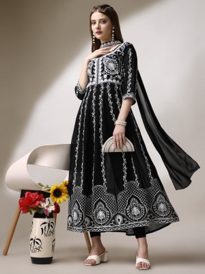 aaliya fashion Women Chikan Embroidery Anarkali Kurta(Black)