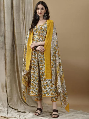 Lamba Creations Floral Print Anarkali Kurta, Bottom & Dupatta Set