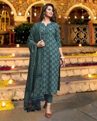 NARI DREAM Women Ikat, Geometric Print Straight Kurta(Green)