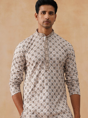 Jompers Men Printed Straight Kurta(White)