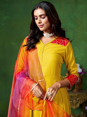 Sangria Women Woven Design Anarkali Kurta(Yellow)