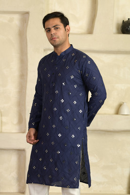 LEMONX Men Embellished, Embroidered Straight Kurta(Blue)