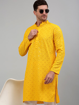 Jompers Men Embroidered Straight Kurta(Yellow)