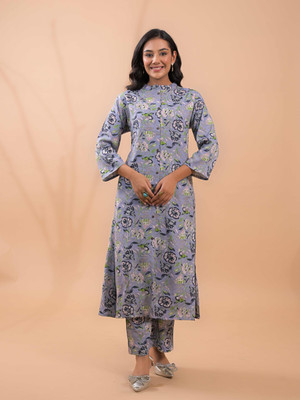 SAANWRI Women Floral Print A-line Kurta(Light Blue)