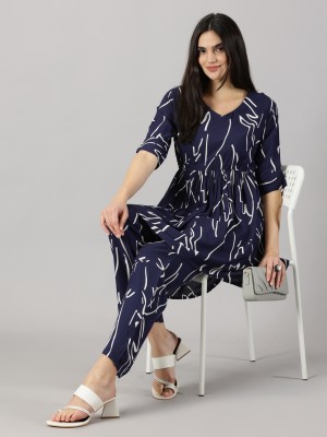 DreamBe Women Geometric Print Blue Top & Pyjama Set