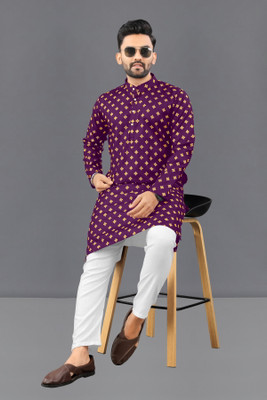 Shree Dutt Creation Men Polka Print Straight Kurta(Purple)