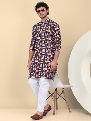 kraft india Men Geometric Print Straight Kurta(Maroon, Black, White)