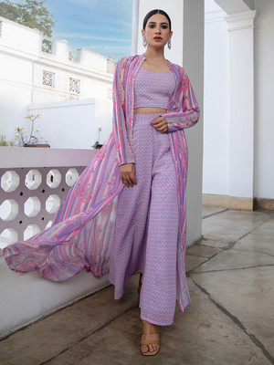 Janasya Women Crop Top Sharara Ethnic Jacket Set