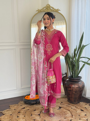 Joy fashion Embroidered Kurta, Trouser/Pant & Dupatta Set