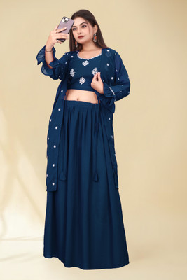 HENNYFAB Women Crop Top Skirt Ethnic Jacket Set