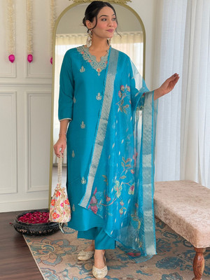 MEHZEEL FAB Embroidered Kurta, Trouser/Pant & Dupatta Set
