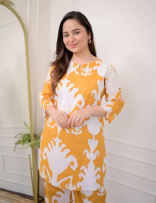 prajapati Women Printed Flared Kurta(Yellow)