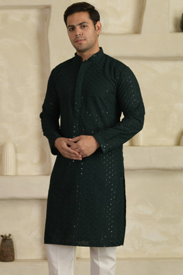 LEMONX Men Embellished Straight Kurta(Dark Green)