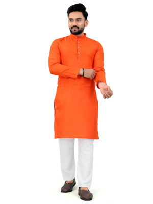 Raadhika Creation Men Solid Straight Kurta(Orange)