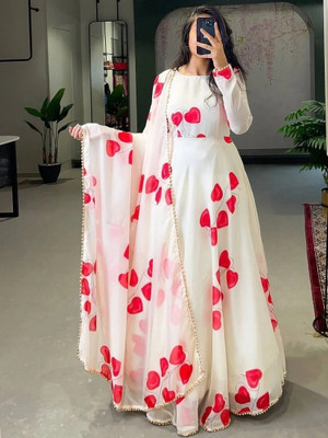 HouseOfCommon Women A-line Red, White Maxi/Full Length Dress