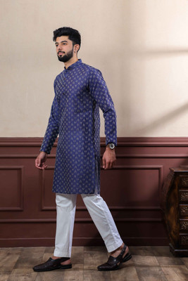 Koshin Men Printed Straight Kurta(Dark Blue)