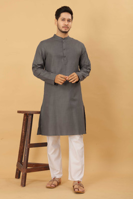ODD by Poshaak Men Solid Straight Kurta(Grey)