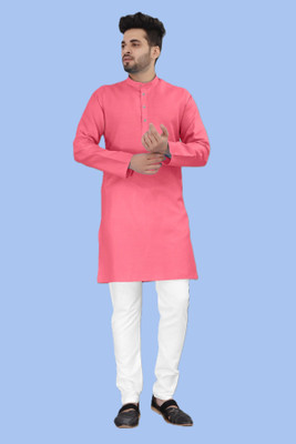 VyomCreation Men Solid Straight Kurta(Pink)