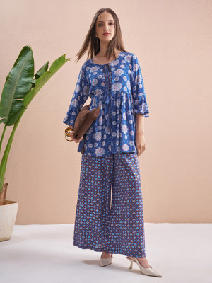 Vishudh Women Crop Top Palazzo Ethnic Jacket Set