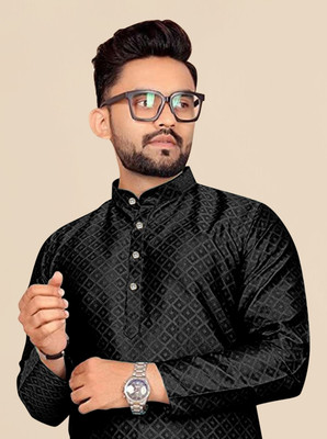 ANREX Men Self Design Straight Kurta(Black)