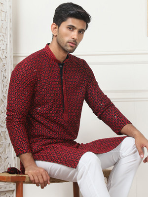 ANOUK Men Embroidered Straight Kurta(Red)
