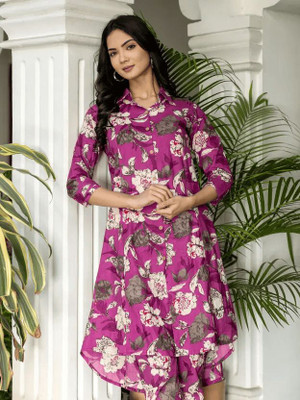 BAANDI Women Floral Print, Printed A-line Kurta(Purple)