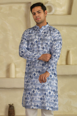 BEXARIO Men Printed Straight Kurta(Blue)