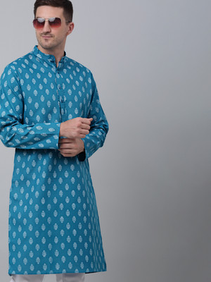 Jompers Men Printed Straight Kurta(Blue)