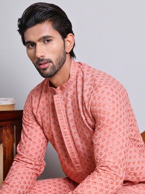 ANOUK Men Embroidered Straight Kurta(Orange)