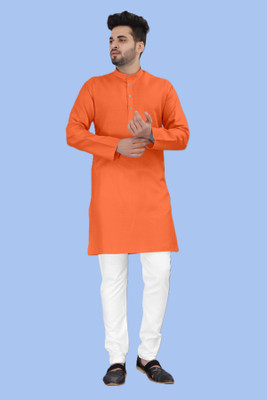 VyomCreation Men Solid Straight Kurta(Orange)