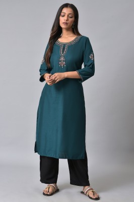 W Women Embroidered Straight Kurta(Blue)