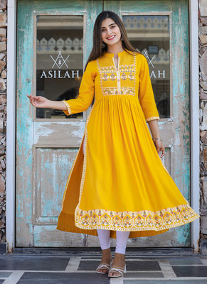 SYMPLE Women Embroidered A-line Kurta(Yellow)