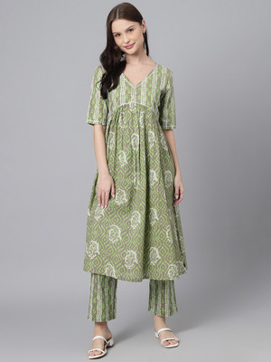 DECKEDUP Women Geometric Print A-line Kurta(Green)