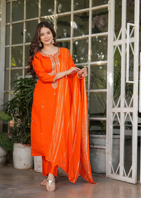 DClothvilla Women Printed, Embroidered Ethnic Dress Kurta(Orange)