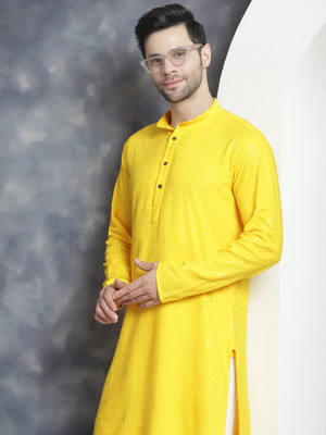 Jompers Men Embroidered Straight Kurta(Yellow)