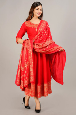 dimonsher Women Printed Anarkali Kurta(Red)
